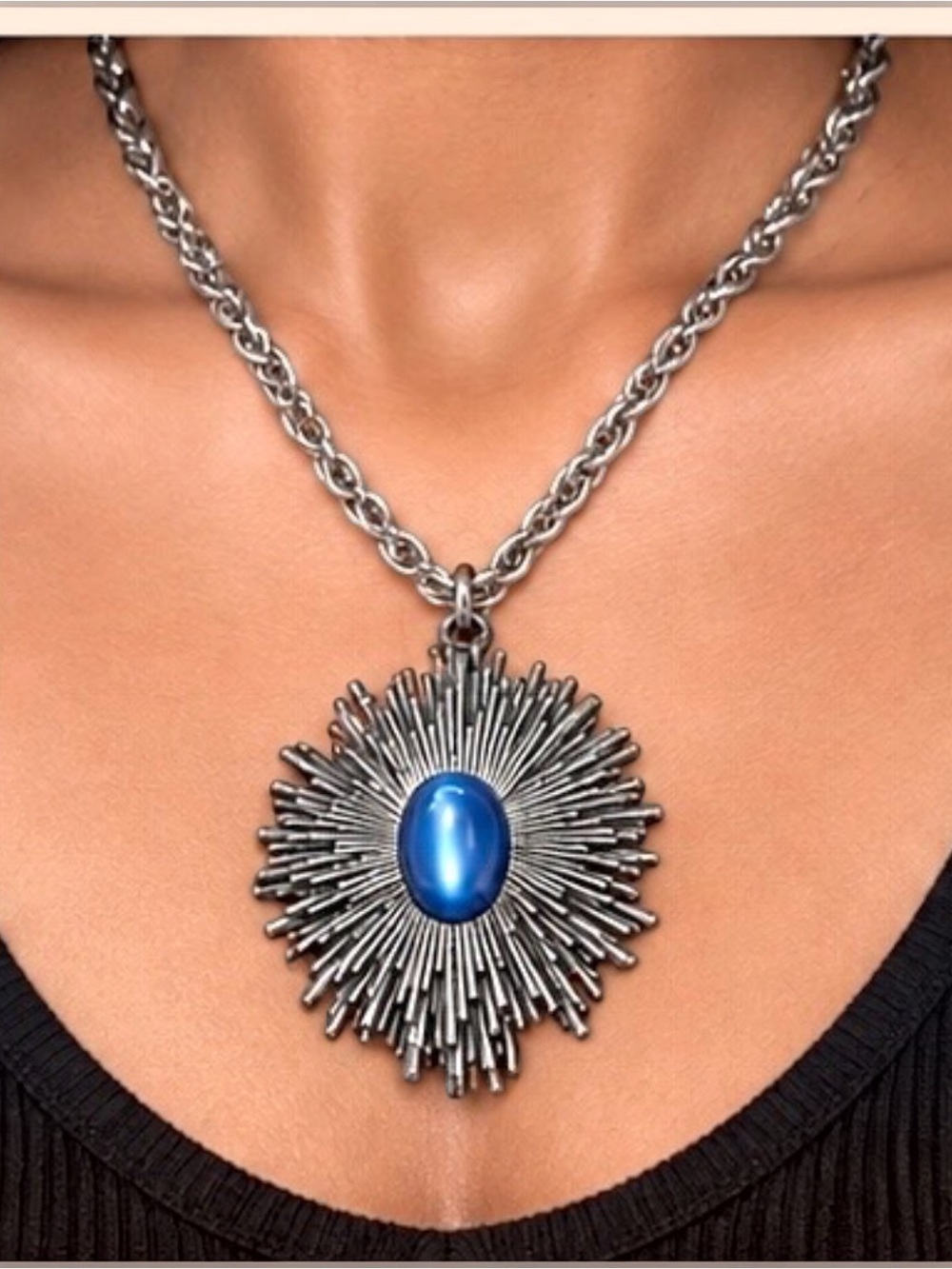 Silver Tone Sunburst Blue Cabochon Statement Pendant Necklace